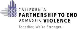 Image is of interlocking hands in gray and purple on the left. On the right is California Partnership to End Domestic Violence, and below is Together, We're Stronger.