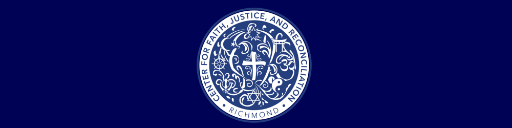 Navy blue banner with CFJR logo centered in the middle. The logo is white and navy blue with interfaith symbols forming a circle. 
