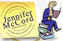 Caricature of Jennifer McCord sitting on pile of books