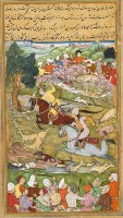 Humayun and Shah Tahmasp hunting near Takht-i Sulaiman in 1544, Akbarnama 1602-03, BL Or 12988, f. 103a. © British Library.