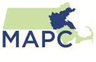 MAPC logo. An map of Massachusetts in green with the 101 communities we serve colored in blue.  