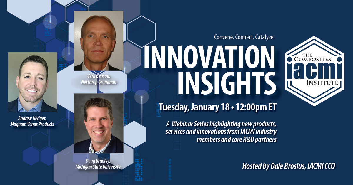Innovation Insights: A webinar series highlighting new products, services, and innovations from IACMI industry members and core R&D partners. Hosted by: Dale Brosius, IACMI CCO 