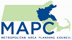 Image is the MAPC logo. A map of Massachusetts in light green, and the region that MAPC serves in dark blue. Under the map in large, capitalized blue letters it says, MAPC, and under that, in smaller, blue letters it says Metropolitan Area Planning Council