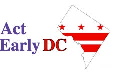 Act Early DC logo - purple letters and a map of DC with the DC flag of red start and bars overlaying the map