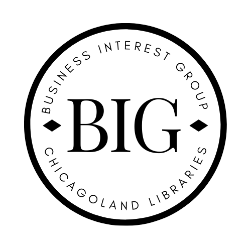 A circular logo with the word BIG in the center, and two subheads: Business Interest Group and Chicagoland libraries.