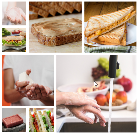 A collage of pictures of students washing hands and preparing sandwiches.