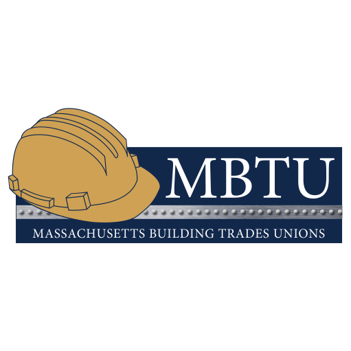 Image is the Massachusetts Building Trades Unions logo. The background is a dark blue. On the left is a yellow hardhat. To the right of that in large, white, capitalized letters it says MBTU. Under that text says, "Massachusetts Building Trades Union."