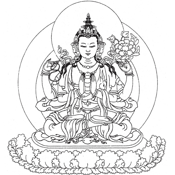 Monday Evening Meditation - Image of Chenrezig, Buddha of Compassion, seated on a lotus flower, on sun and moon discs, four arms, to holding wish fulfilling jewel, one a mala, and the other a lotus flower