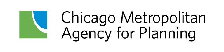 CMAP's square logo on the right with a white curved line bisecting the square with green on the left representing land and blue on the right representing Lake Michigan. The banner in includes the name, Chicago Metropolitan Agency for Planning.