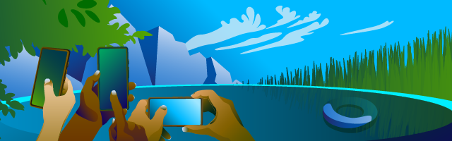 Hands holding phones to take observations over the background of a landscape with water, trees, a mountain, and clouds in the sky.