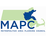 Image is the MAPC logo. A light green colored map of Massachusetts with the region MAPC serves colored in dark blue. Under the map in large, blue, capitalized letters it says, "MAPC". In smaller text at the bottom, "Metropolitan Area Planning Council."