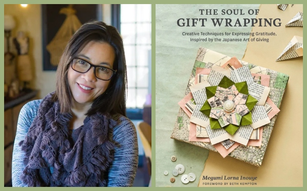 Picture of Megumi Inouye holding the book "The Soul of Gift Wrapping"